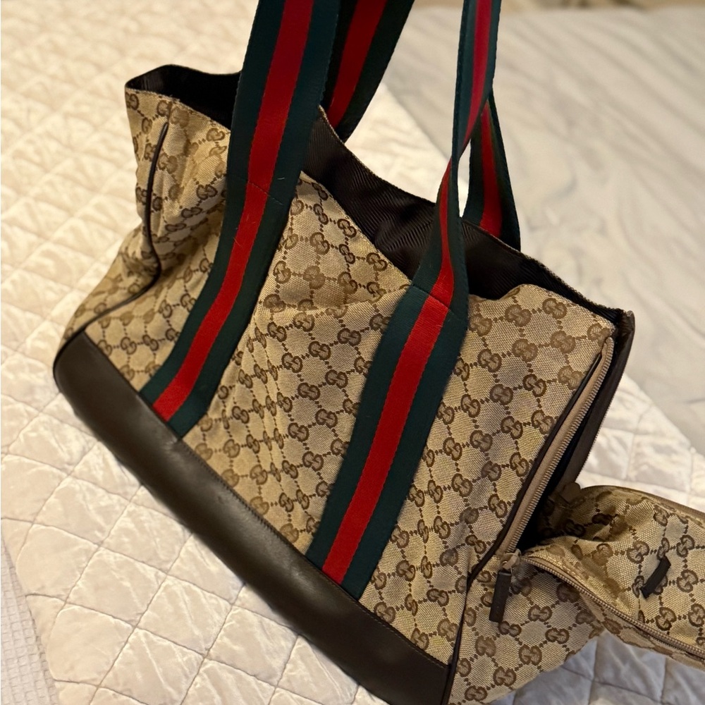 Gucci Monogram Beige Dog Carrier with Red and Green Straps